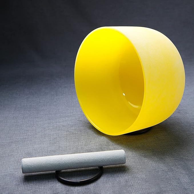 Hye-eun 10 inch E Note 432hz Solar Plexus Chakra Yellow Color Frosted Quartz Crystal Singing Bowl without Carrier Case for Yoga Healing Sound Energy Vibration