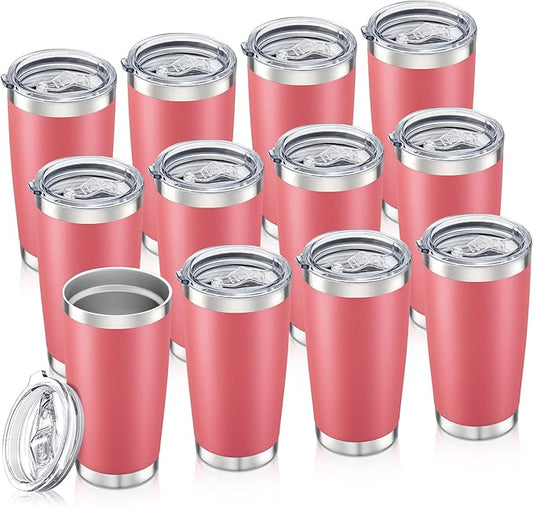 20 oz Tumbler Bulk with Lid Stainless Steel Insulated Tumblers Double Wall Vacuum Coffee Mug Powder Coated Tumbler Cups for Cold and Hot Drinks, Tropical Pink, 12 pack