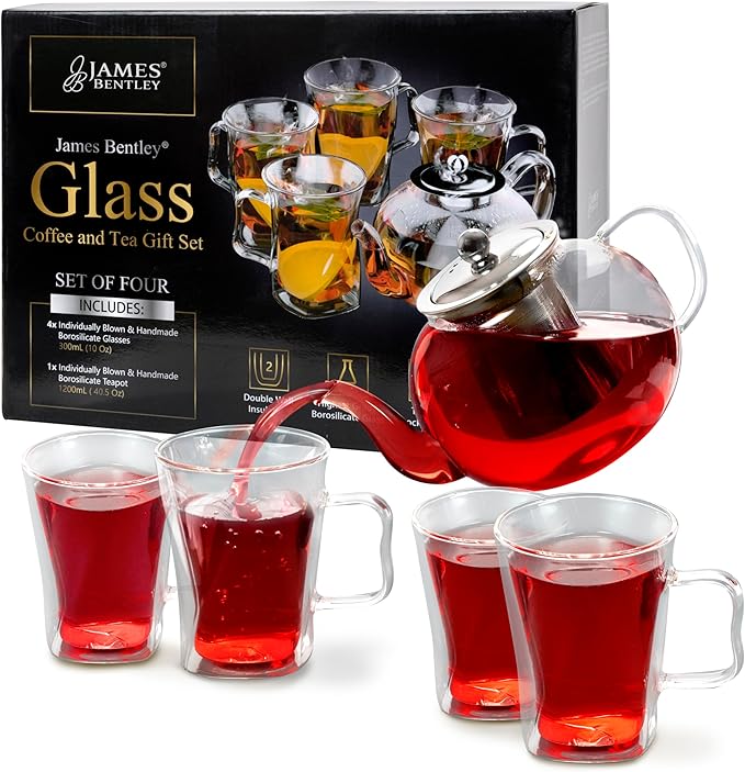 40 Oz Unique Glass teapot Set with 4 double wall insulated Cups, Tea Kettles for Stovetop With Infusers For Loose Tea, Perfect Mom Gift - Bloomnest