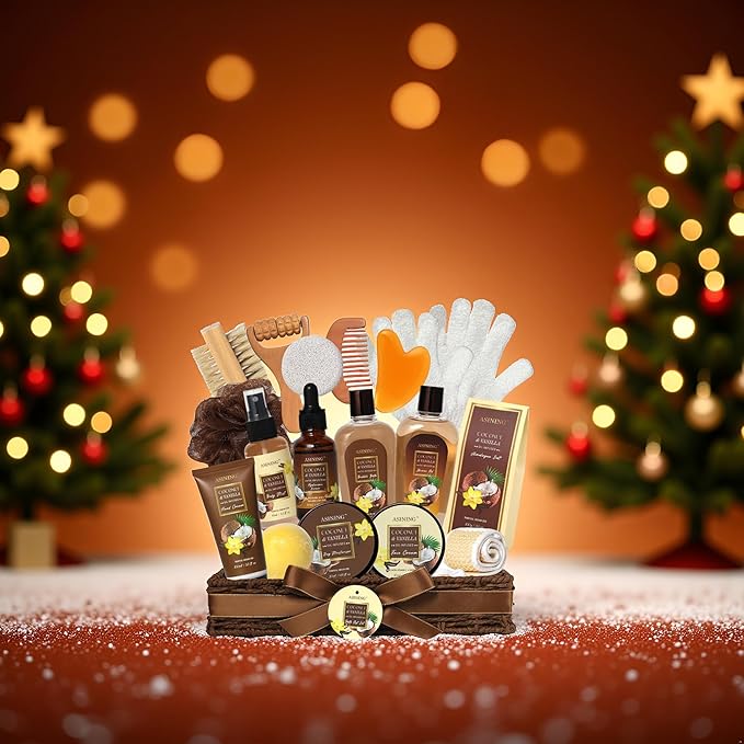 Spa Basket for Women, Coconut Vanilla Bath & Body Set, Christmas & Birthday Gift, Unique Gift with Bath Bombs, Body Lotion, Spa Bath Sets for men Gift Home Spa Set Luxurious Bath Gift & More - Bloomnest