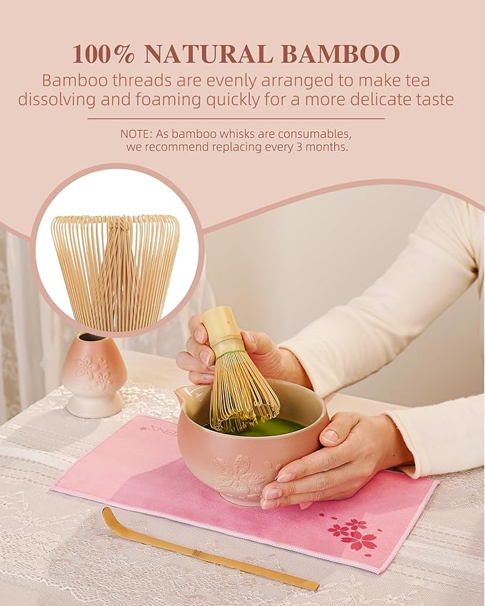ZENS Matcha Whisk Set, Pink Ceramic Matcha Bowl with Embossed Sakura, 6pcs Matcha Tea Kit Includes Bamboo Whisk, (Chasen Holder) Scoop & Sifter, Tea Towel for Matcha Ceremony, Pink - Bloomnest