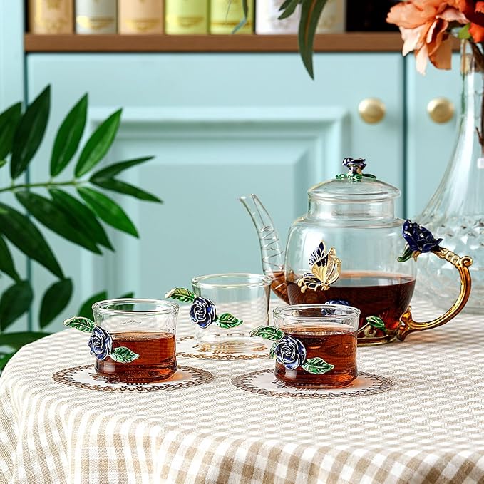 7 Pcs Floral Glass Tea Set Women Christmas Teapot Set for Adults Glass Tea Gift for Mom Party Mother's Day Birthday, Fancy Pot Cups with Gift Box(Blue) - Bloomnest