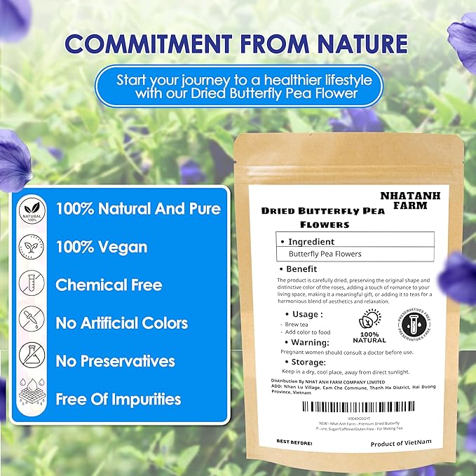 Nhat Anh Farm - Premium Dried Butterfly Pea Flower - 3,5oz(100g) Blue Butterfly Pea Flower - 100% Natural & Pure, Sugar/Caffeine/Gluten Free - For Making Tea - Bloomnest
