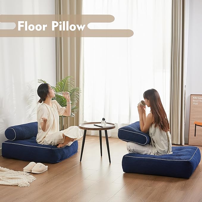 35.4x33.5 Inch Floor Pillow, Large Round Floor Cushion with Removable Washable Cover - Ultra Soft Plush Filling for Adults, Kids, Lounge, Bedroom, Reading Nook, Meditation, Corduroy, Blue
