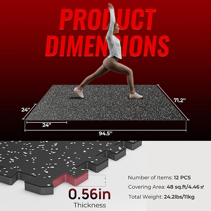 SUPERJARE 0.56'' Thick 12 Pcs 48 Sq Ft Rubber Top Exercise Equipment Mats, High Density EVA Foam Mats with Rubber Top, Interlocking Gym Flooring for Home Gym, Protective Workout Mat, Black/Grey - Bloomnest