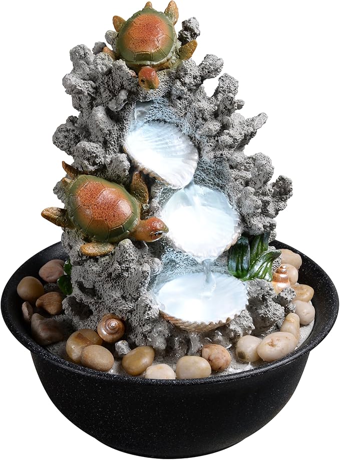 Indoor Tabletop Turtle Water Fountain with LED Light – Coastal Sea Life Desk Waterfall Feature with Soothing Sounds and River Rocks, Ocean Zen Decor for Home Office - Bloomnest