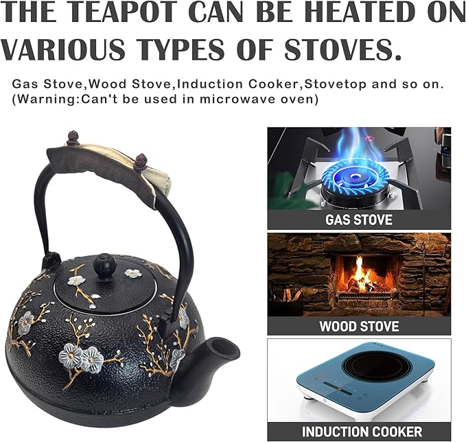Cast Iron Teapot SECHUDO Teapot for Stovetop Safe Coated with Enameled Interior,Japanese Beautiful Tea Kettle with Stainless Steel Infuser for Loose Tea (60.9oz Plum Blossoms and Bird Pattern) - Bloomnest