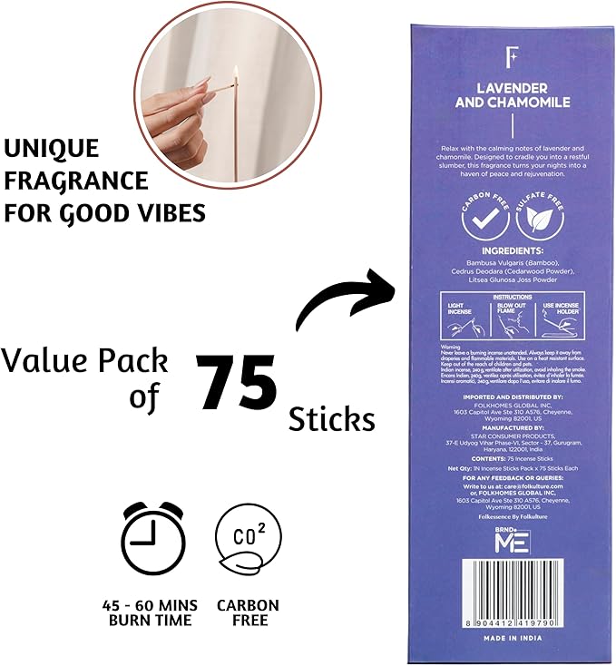 Folkulture Incense Sticks (75 Sticks) | 8" Premium Lavender & Chamomile Incense Sticks for Deep Sleep, Aromatherapy, Relaxation Gifts | No Charcoal, Non Toxic, 45 Mins, Long Burning Insence-Sticks FOLKULTURE