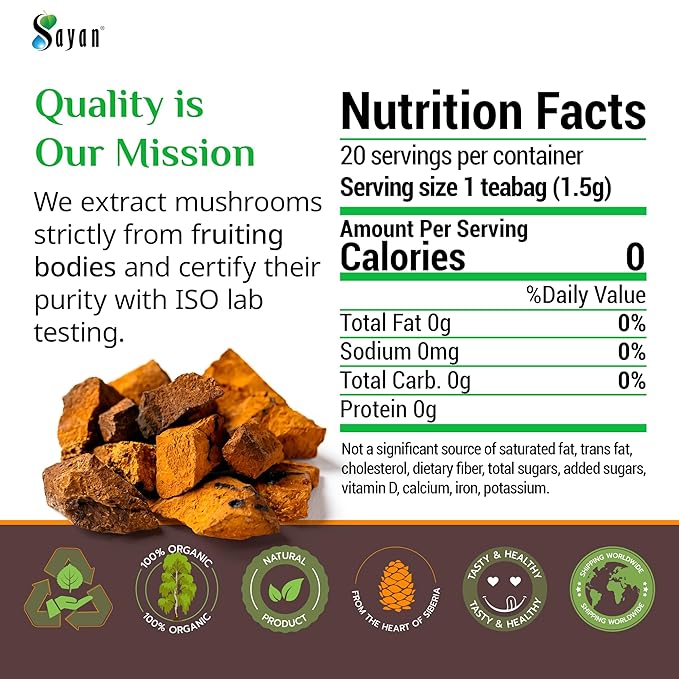 Sayan Siberian Chaga Mushroom Tea 1.05 Oz / 30g – 20 Unbleached Bags, Wild Harvested Organic Antioxidant No Caffeine. Raw and Extract Blend. Immune, Digestion Support. Detox, Focus Energy Boost - Bloomnest
