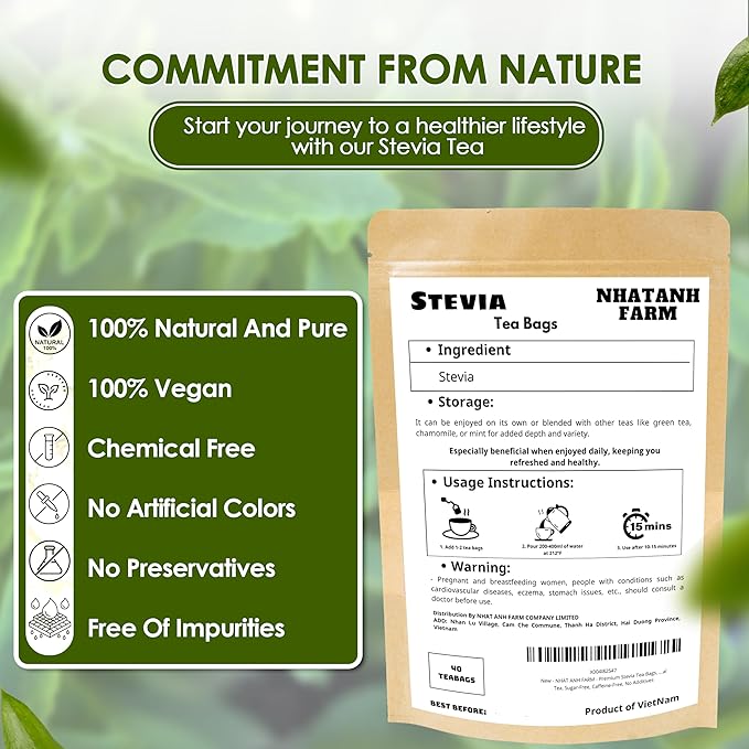 NHAT ANH FARM - Premium Stevia Tea Bags, 100 Stevia Tea Bags, 100% Natural Dried Leaves, Naturally Sweet Herbal Tea, Sugar-Free, Caffeine-Free, No Additives. - Bloomnest
