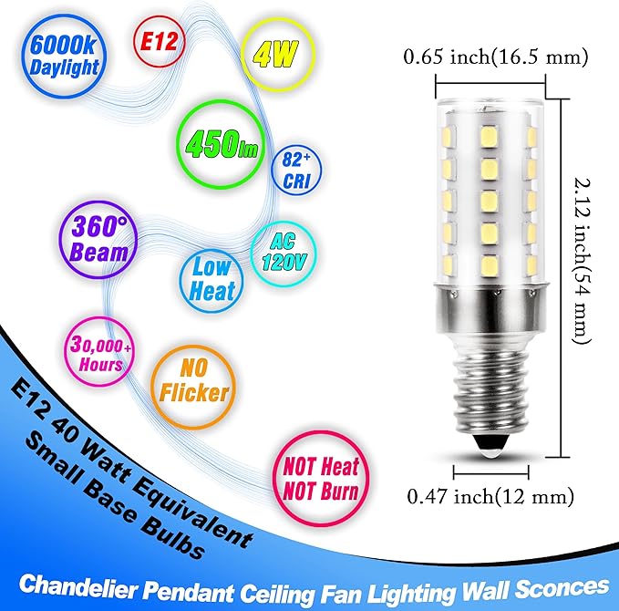E12 40 Watt Equivalent LED Bulbs 6000K Daylight White 450lm 4W 120V LED Candelabra Bulb with T6 C7 E12 Small Base for Wall Sconces Pendant Chandelier Ceiling Fan Lighting, Non-Dimmable, 4 Pack - Bloomnest