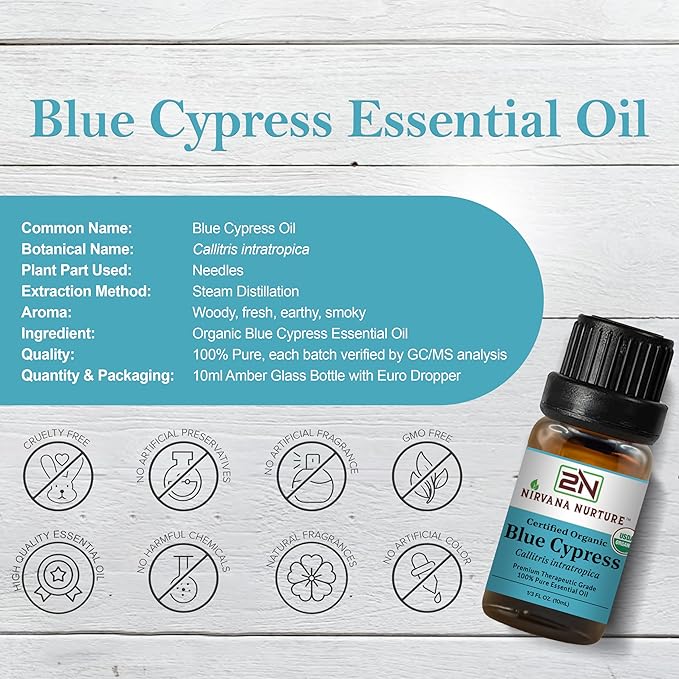 Blue Cypress Essential Oil, USDA Certified Organic, 100% Pure Undiluted, Aromatherapy Oil for Diffuser, Hair & Skin Care NirvanaNurture