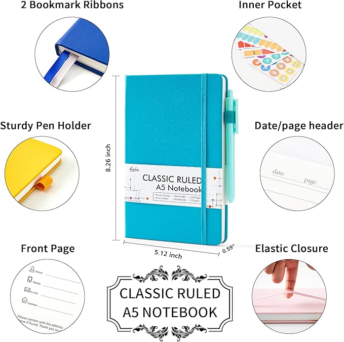feela Notebooks Journals Bulk, Hardcover Notebook Classic Ruled Journal Set with Pen Holder for School Business Work Travel Writing, with 12 Black Pens, 120 GSM, 5.1”x8.3”, 12 Pack, A5, Solid Colors - Bloomnest