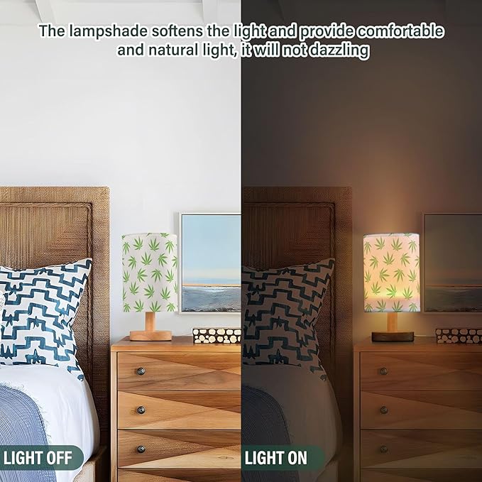 Table Lamp Green Marijuana Leaf Cannabis Weed Leaves on White Nightstand Lamp with Wood Base Fabric Lamp Shade Bedside Desk Lamp for Living Room Bedroom Kids Room Office - Bloomnest