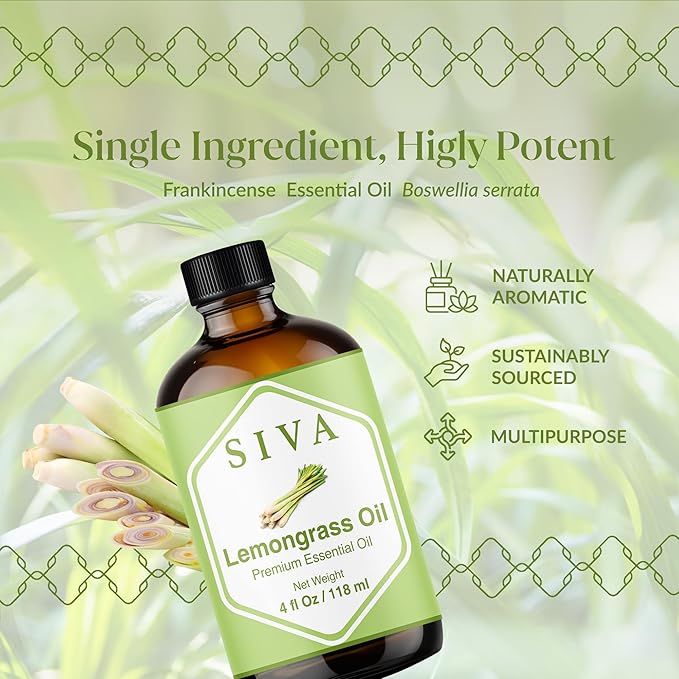Siva Lemongrass Essential Oil - 4 Fl Oz – 100% Natural Lemongrass Oil - for Diffuser, Face, Skin Care, Aromatherapy, Hair Care, Scalp and Body Massage - with Dropper - Bloomnest
