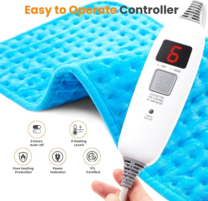 Electric Heating Pad for Back Pain Relief & Cramps - 6 Heat Settings,Auto Shut Off,Moist Heat Options,Portable Heated Pads for Neck/Shoulder Machine Washable Gift for Men Women,Blue,12"x24" - Bloomnest