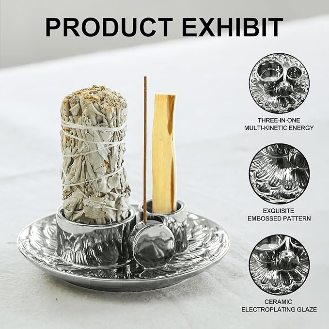4 in 1 Incense Holder, Ceramic Incense Stick and Palo Santo Holder,Sage Holder for Burning- 5.5" Ceramic Ash Catcher Tray for Meditation and Yoga Room (Silver) - Bloomnest