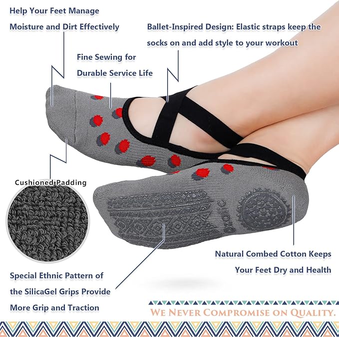 Ozaiic Pilates Socks for Women Non Slip Grip, Yoga Socks with Grippers for Barre, Hospital, Ballet, Dance, Barefoot Workout - Bloomnest