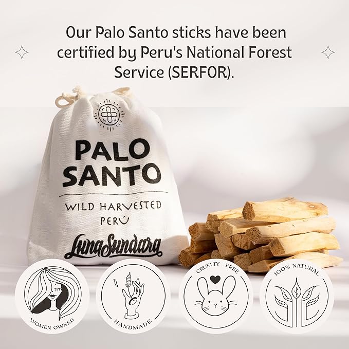 Palo Santo Sticks from Peru 100g, Sustainably Harvested Bursera Graveolens, Natural Incense Wood for Smudging, Cleansing, Meditation, Positive Energy, Luna Sundara