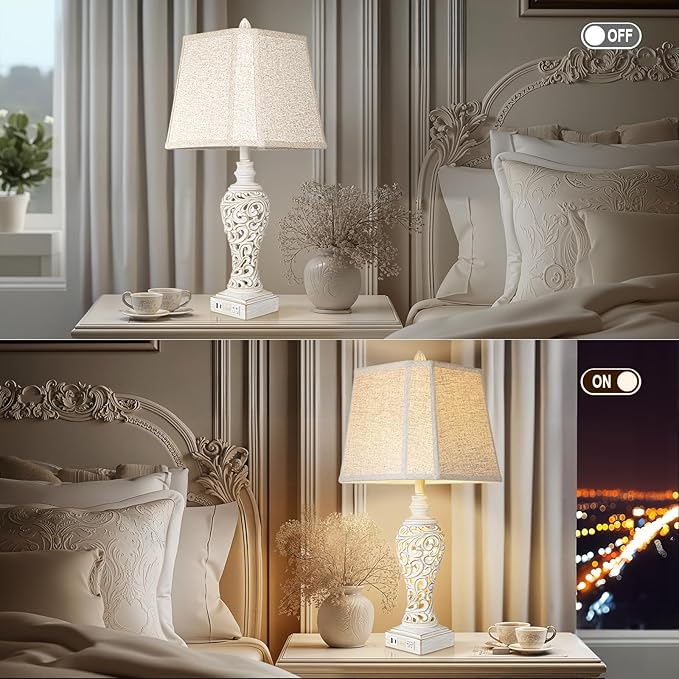 Vintage Table Lamps Set of 2, 28.5'' High Bedside Lamps with Fabric Shade, Farmhouse Nightstand Lamps with USB A+C Ports and Nightlight - Perfect for Living Room Bedroom Office Study (Bulb Included) - Bloomnest