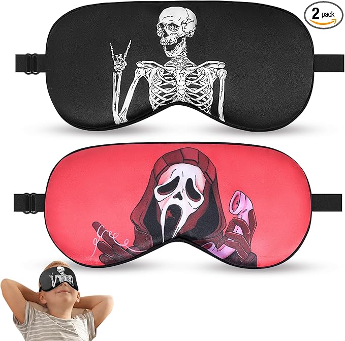 2 Pcs Human Skulls Sleep Halloween Mask for Women Men, Silk Eye Covers for Sleeping, Adjustable Strap & Light Blocking Design, Adult Children's Bedtime Blindfold for Travel and Home Use (Human Skulls) - Bloomnest