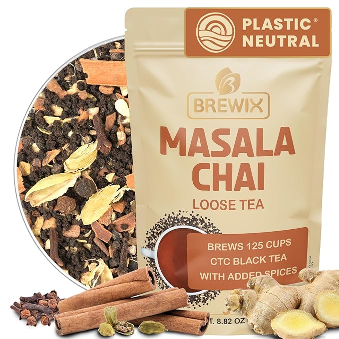 BREWIX, Masala Chai Tea Loose Leaf CTC TEA (125+ Cups, 8.82oz/250g) Strong Robust & Aromatic, All Natural | Blended with Exotic Spices | Ginger, Cinnamon, Cardamom, Clove & Black Pepper - Bloomnest