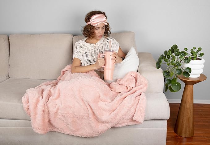 Opulent Luxury Self Care Gift Box for Women, Cozy Blanket, 40 oz Tumbler with Handle and Straw, Candle, Bath Salts, Spa Care Package, Pink Sand