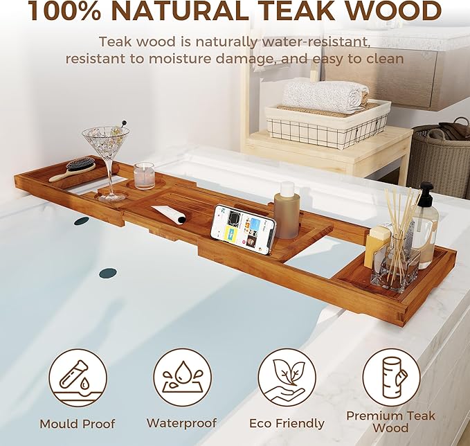 Teak Bathtub Tray - Luxury Bath Tray with Expandable Handles, Wine Glass and Phone Holders, Book Stand - Perfect for Home Spa Relaxation and Reading - Natural Bath Accessories - Light Walnut Color - Bloomnest