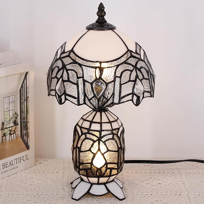 Small Tiffany Lamp Stained Glass Table Lamp Mini Mother Daughter Vase Desk Accent Light for Bedroom Bedside Reading Home Antique Style Decor 8X14 Inches (White) - Bloomnest