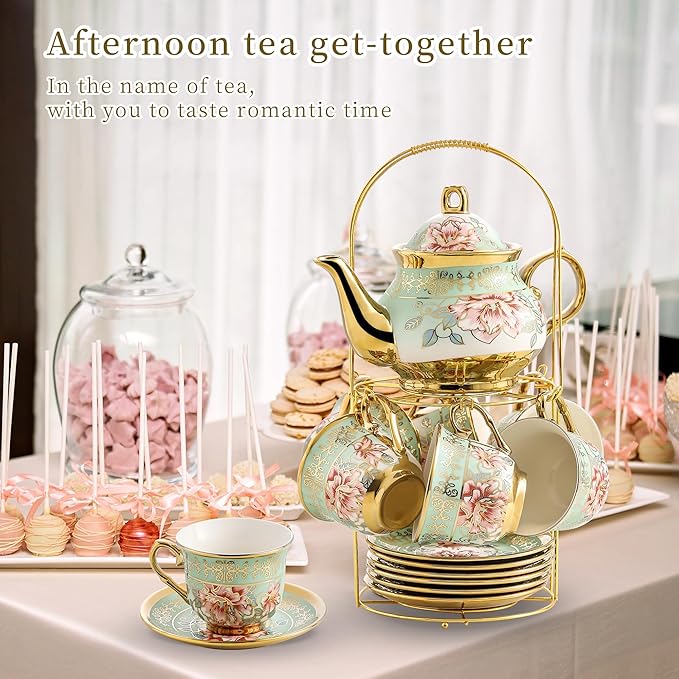 20 Pieces Porcelain Tea Set With Metal Holder, European Ceramic tea set for adults,Flower Tea Set,Tea Set For Women With Flower Painting（Light Green） - Bloomnest