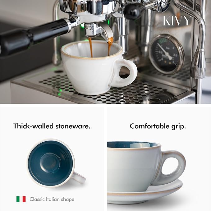 KIVY Cappuccino cups set of 4 [8oz] - Thick-walled stoneware cappuccino cup set for latte art - Latte mugs - Latte cups - Coffee mug - Latte art cup - Ceramic latte cup and saucer set of 4 - Blue - Bloomnest