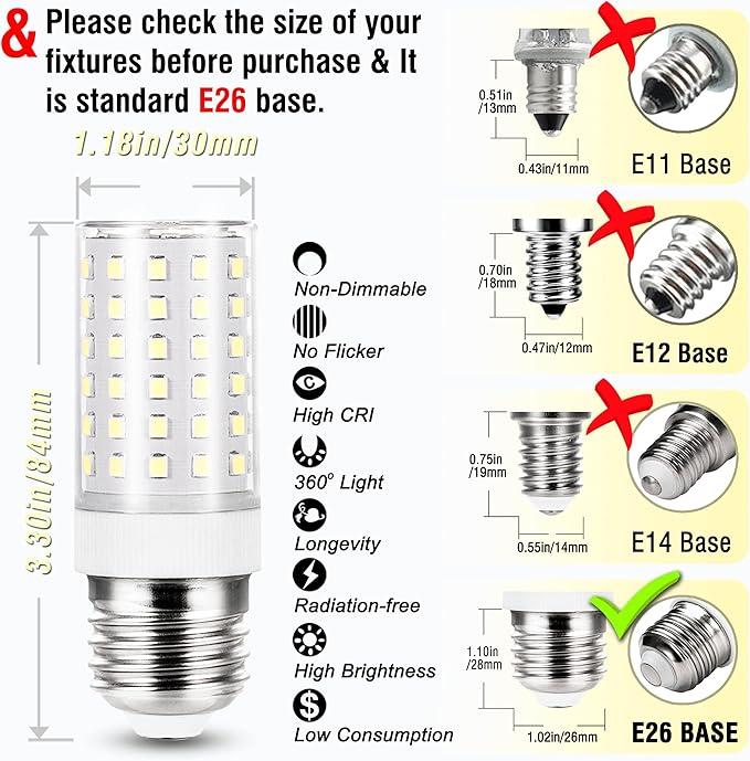 ALIDE E26 100W Replacement LED Candelabra Corn Bulbs,6000K Bright Daylight White,E26 E27 12W LED Light Bulbs 1200LM for Ceiling Fan Chandelier Pendant Lighting Refrigerator,Non-dimmable,4 Pack - Bloomnest
