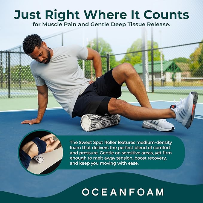Oceanfoam Sweet Spot Medium Exercise Foam Roller 14"x5.5" – Medium Density Foam Roller for Physical Therapy, Deep Tissue Massage, Yoga, Pilates, Classic Exclusive Wave Texture (Black Marbled) - Bloomnest