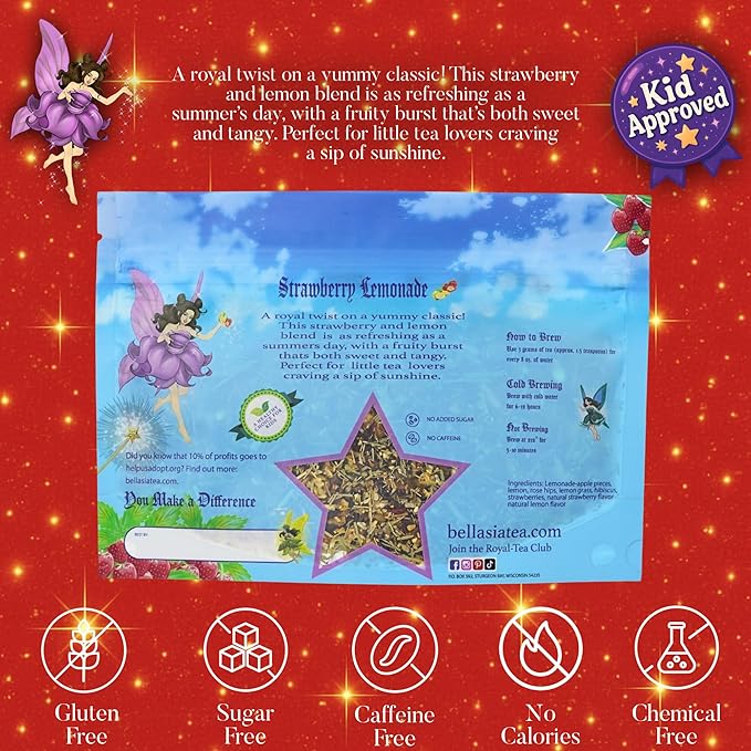 Bellasia Tea Strawberry Lemonade for Kids Using Real Fruit Pieces - Caffeine Free Herbal Tea with Real Ingredients & Balanced Flavor- Add Loose Leaf Tea to Your Child’s Routine for A Fun & Tasty Drink - Bloomnest