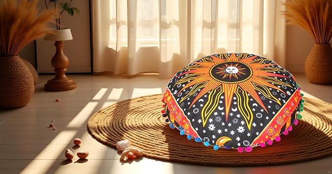 CRAFT KALA Large Round Bohemian Floor Pillow Pouf Cover Mandala Meditation Room Pillow Cover for Adults Boho Seating Poufs Cushion Cover for Kids Playroom 32" Round Orange Burning Sun - Bloomnest
