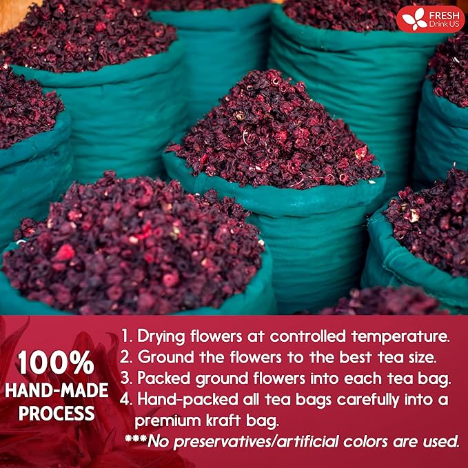 FreshDrinkUS, Premium 60 Hibiscus Flowers Tea Bags, 100% Natural & Pure, Loose Flower Herbal Tea. No Sugar, No Caffeine, No Gluten, Vegan. Great To Drink Hot Or Ice Tea - Bloomnest
