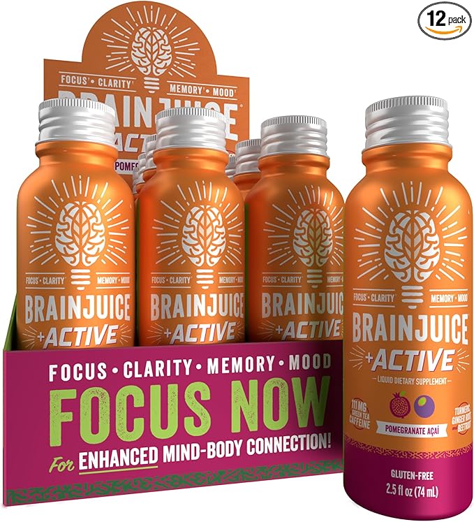BrainJuice Active Focus & Energy Drink Shots, Supports Endurance, Recovery & Clarity, Non-GMO, Gluten Free, Nootropics, Alpha GPC, B Vitamins & Organic Green Tea, Pomegranate Acai, 2.5 fl oz, 12 Pack - Bloomnest