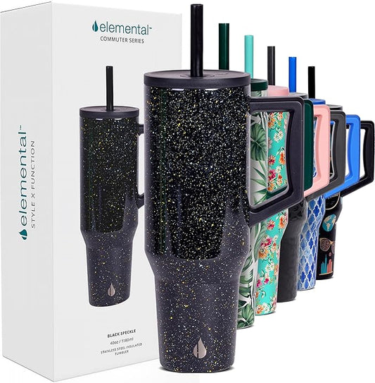 Elemental 40 oz Tumbler with Handle and Straw - Spill Proof Insulated Stainless Steel Commuter for Hot and Cold Beverages - Travel Coffee Mug with 2 Straws & Spill Proof Lid - 40oz - Black Speckle - Bloomnest