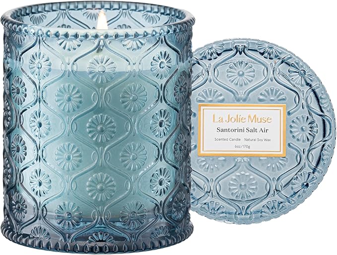 LA JOLIE MUSE Santorini Salt Air Candle - Bergamot, Sea Daffodil, Sandalwood | 6 oz Natural Soy Wax | 40 Hours Clean Burn | Ocean Scented Candle | Gift-Ready for Hosts & Gatherings - Bloomnest