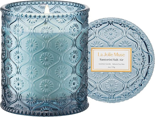 LA JOLIE MUSE Santorini Salt Air Candle - Bergamot, Sea Daffodil, Sandalwood | 6 oz Natural Soy Wax | 40 Hours Clean Burn | Ocean Scented Candle | Gift-Ready for Hosts & Gatherings - Bloomnest