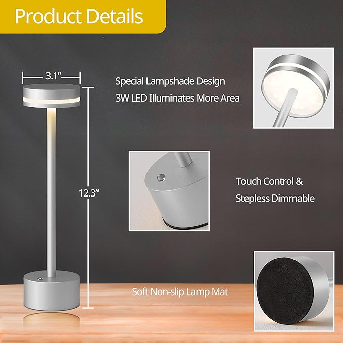 Cordless Table Lamp, Portable Rechargeable Bedside Lamp, Touch Stepless Dimmable Desk Lamp, for Home Bedroom Hotel Restaurant Bar Outdoor, 2 Set, Silver - Bloomnest