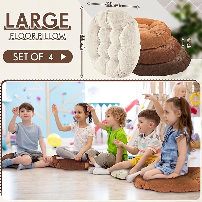 Jerify Floor Pillow Cushions 22 x 22 Inch Round Square Large Meditation Floor Pillow for Classroom Adult Meditation Picnic Party Cushion for Seating Gift Christmas(Round,Brown,4 Pcs) - Bloomnest