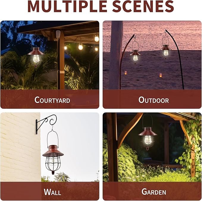 2 Pack Solar Lanterns Outdoor Waterproof Hanging Solar Lights with Vintage Metal Warm White Light Edison Bulb Design, Decorate for Garden Yard Porch and Christmas (Red) - Bloomnest