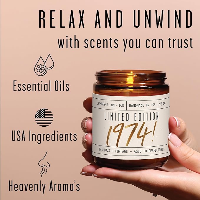 51st Birthday Gifts for Women - 'Limited Edition 1974' Soy Candle, w/Champagne on Ice I 51 Birthday Gifts for Women I 51st Gift for Her Ideas I 9oz Reusable Jar, 50Hr Burn, Made in USA - Bloomnest
