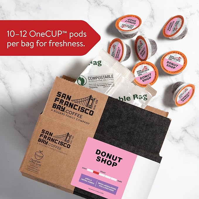 San Francisco Bay Compostable Coffee Pods - Donut Shop (12 Ct) K Cup Compatible including Keurig 2.0, Light Roast - Bloomnest