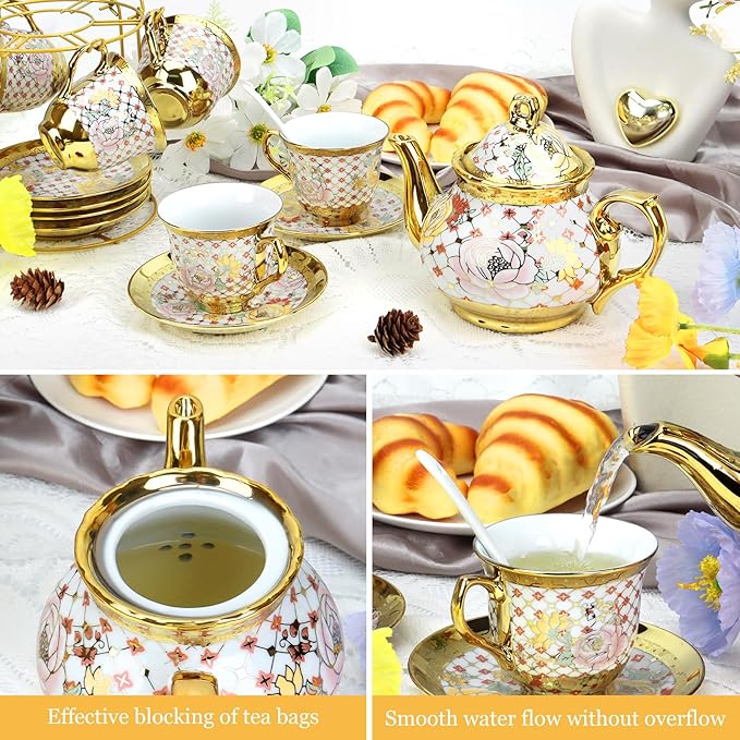 20 Pcs Porcelain Tea Set with Metal Holder, Adult Tea Sets Gift, European Ceramic Tea Set for Adults, Flower Tea Cup Saucer Set for Party With Gold Flower Painting (Classic Gold) - Bloomnest