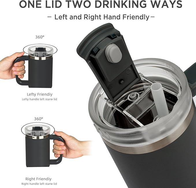 Tyeso 40 oz Tumbler with Handle, Straw and Lid - Leak Resistant Insulated Stainless Steel Water Bottle, Car Cup Holder Friendly Travel Coffee Mug Black - Gifts for Men & Women - Bloomnest