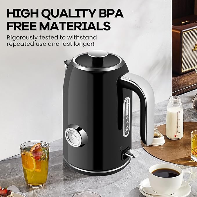 PUKOMC Electric Kettle, 1.7L Stainless Steel Tea Kettle with Temperature Gauge, 1500W Water Boiler with LED Light, BPA-Free, Auto Shut-Off and Boil-Dry Protection (Black) - Bloomnest