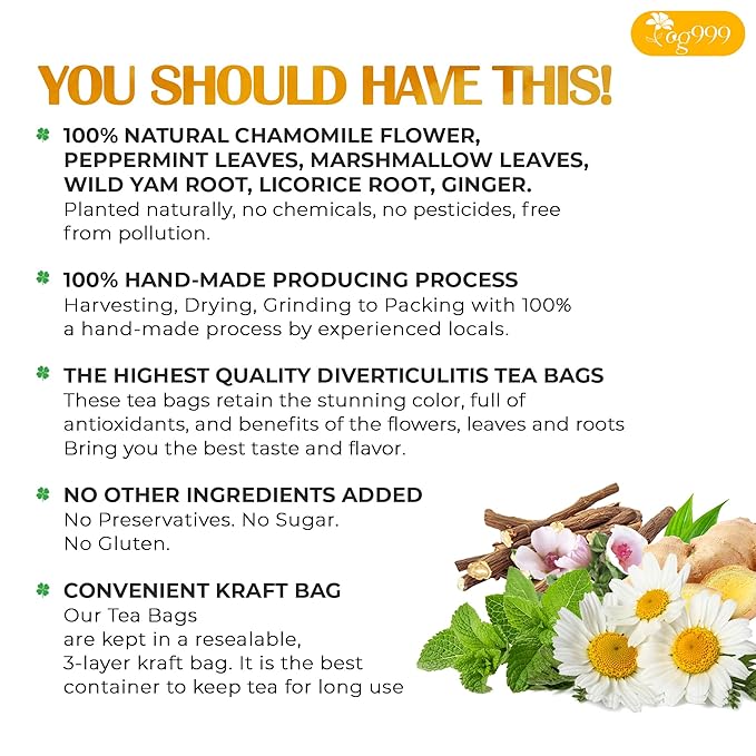 TOG999, Diverticulitis Tea Bags | 40 Count | 100% Natural Chamomile, Peppermint, Marshmallow Leaf, Wild Yam Root, Licorice & Ginger Herbal Blend – Caffeine-Free Comfort Tea, Vegan. - Bloomnest
