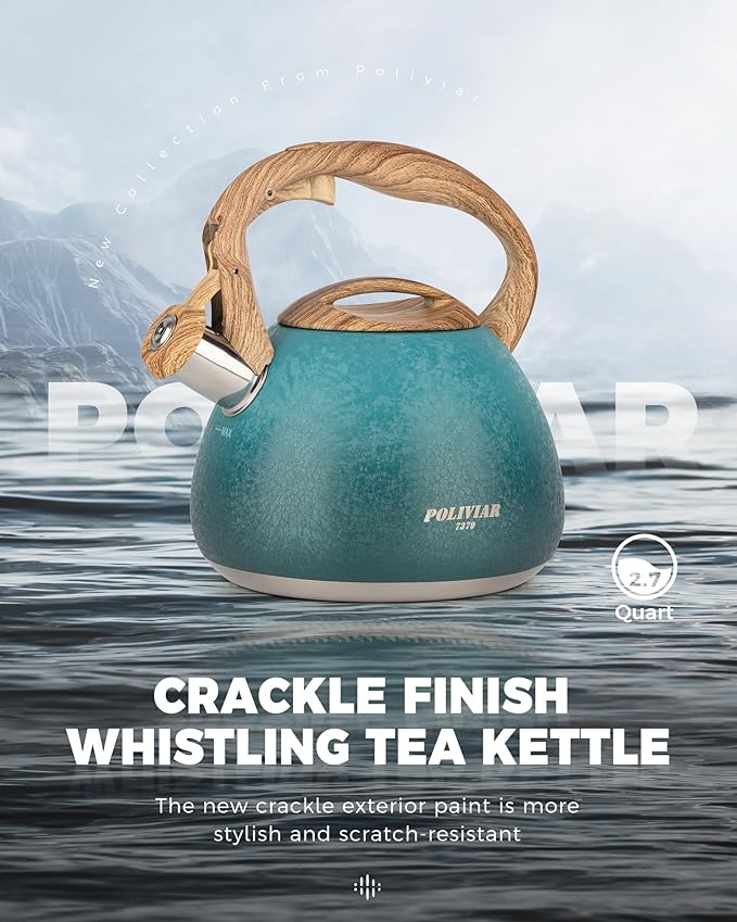 POLIVIAR Tea Kettle, 2.7 Quart Stovetop Tea Kettle, Audible Whistling Teapot with Crackle Finish, Food Grade Stainless Steel for Anti-Rust, Anti Hot Handle, Suitable for All Heat Sources (JX2023-LYD) - Bloomnest